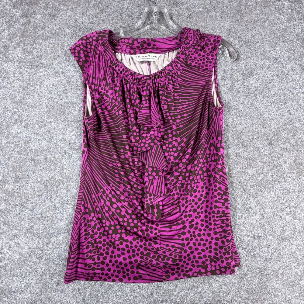 Trina Turk Blouse Top Womens Purple Geometric Dot Ruffle V- Neck Sleeveless